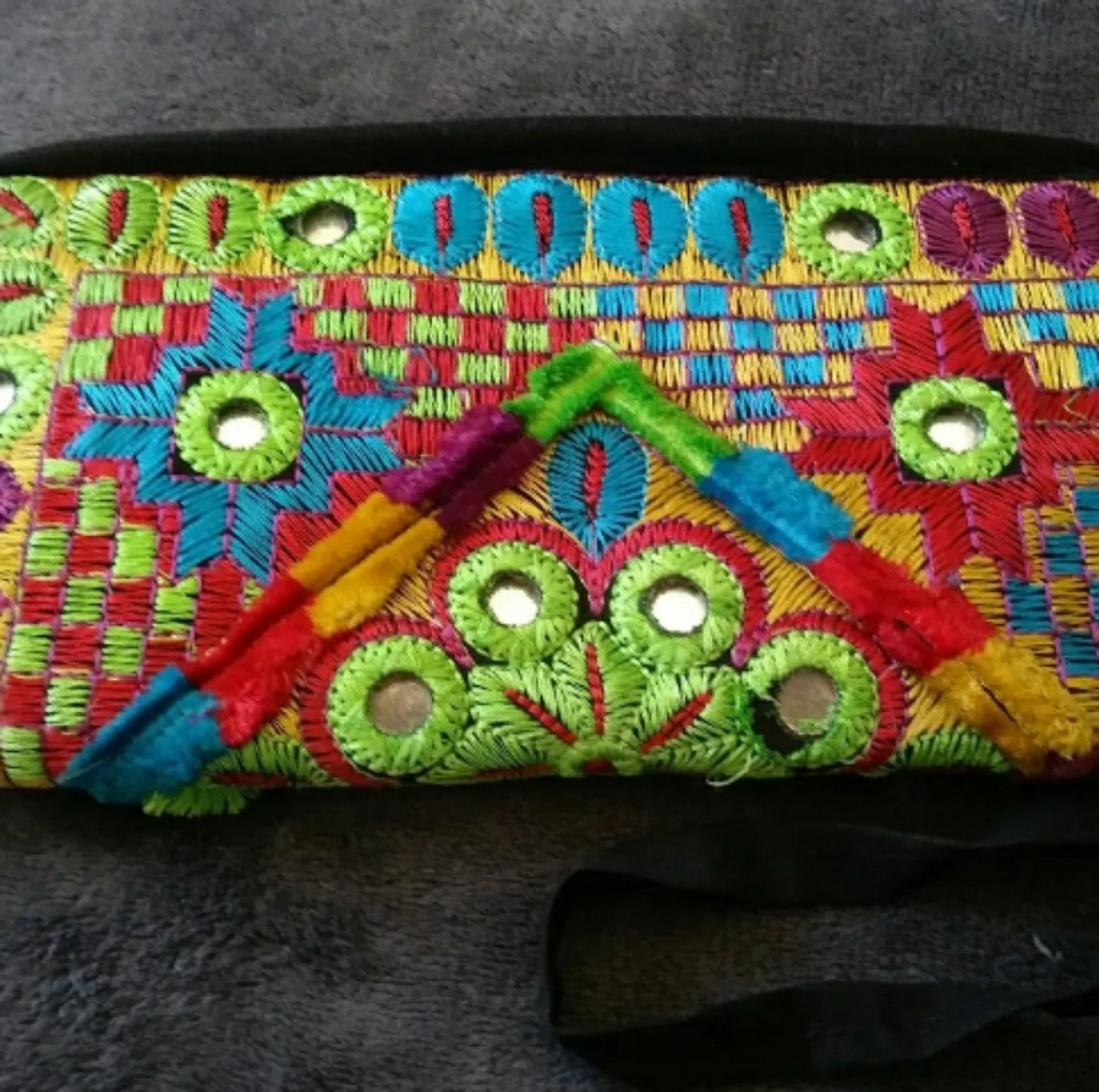 Embroidered mirrored clutch with strap
